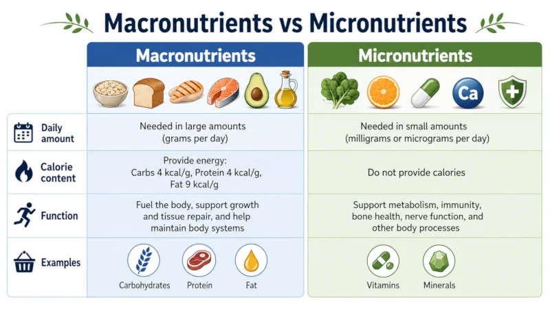 Side-by-side chart comparing macronutrients and micronutrients by daily amount, calorie content, and function