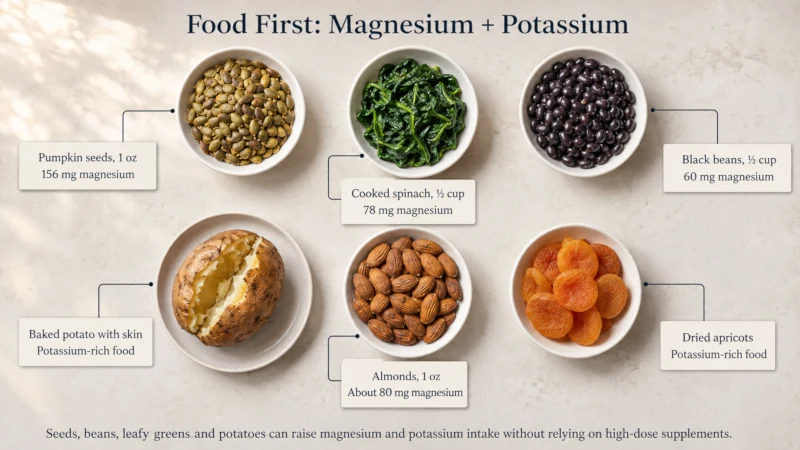 Overhead photo-style illustration of pumpkin seeds, spinach, black beans, baked potato, almonds and dried apricots with magnesium and potassium amounts labelled.