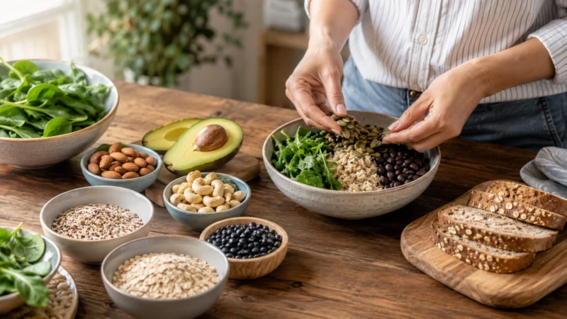 Magnesium-rich foods including leafy greens, almonds, pumpkin seeds, beans, avocado, and whole grains