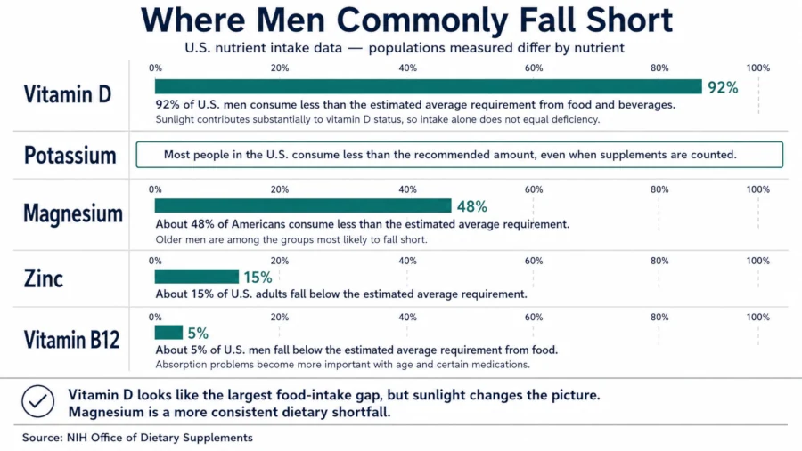 Bar chart showing the share of US men falling below recommended intakes for vitamins and minerals such as magnesium, potassium, vitamin D, zinc and vitamin B12.