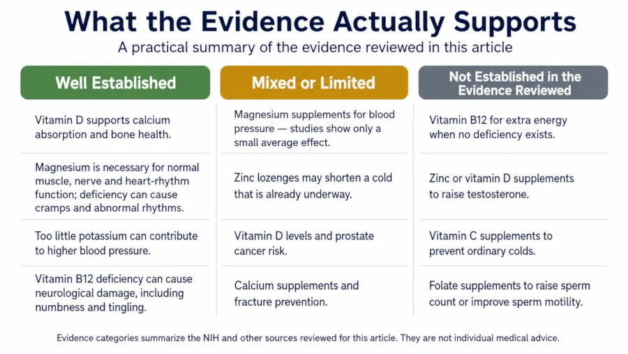 Table graphic grading common men's supplement claims as well established, mixed evidence, or not supported.