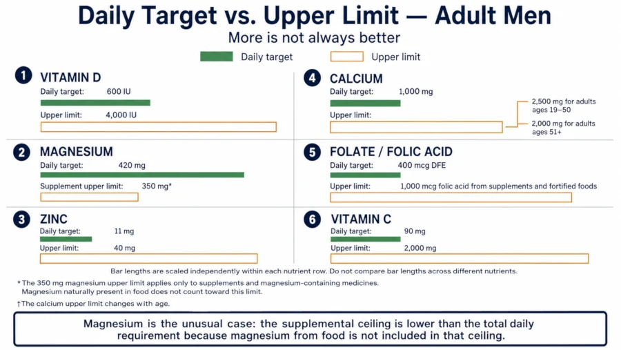 Diagram comparing daily targets with tolerable upper intake limits for vitamin D, magnesium, zinc, calcium, folic acid and vitamin C in adult men.