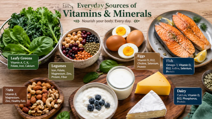 Leafy greens, legumes, eggs, fish, nuts, and dairy arranged to show everyday sources of vitamins and minerals