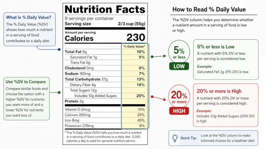 Annotated Nutrition Facts label highlighting the percent Daily Value column with 5 percent marked low and 20 percent marked high