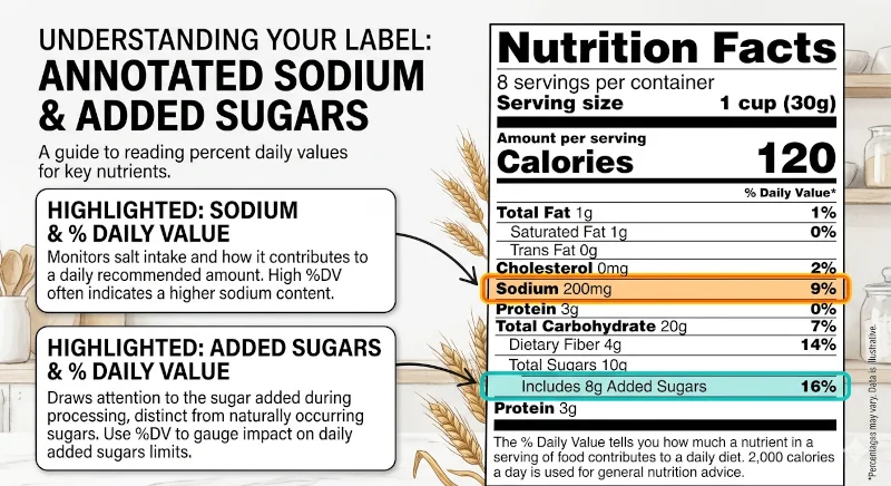 Annotated Nutrition Facts label highlighting sodium and added sugars lines and percent daily values.