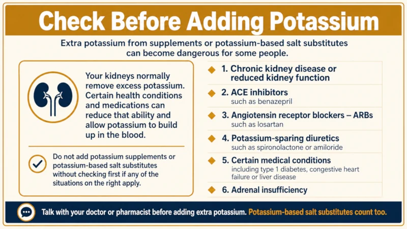 Warning card listing medications and conditions that make extra potassium unsafe, including ACE inhibitors, ARBs, potassium-sparing diuretics and chronic kidney disease.