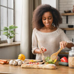 woman preapring food on a table filled with healthy foods
