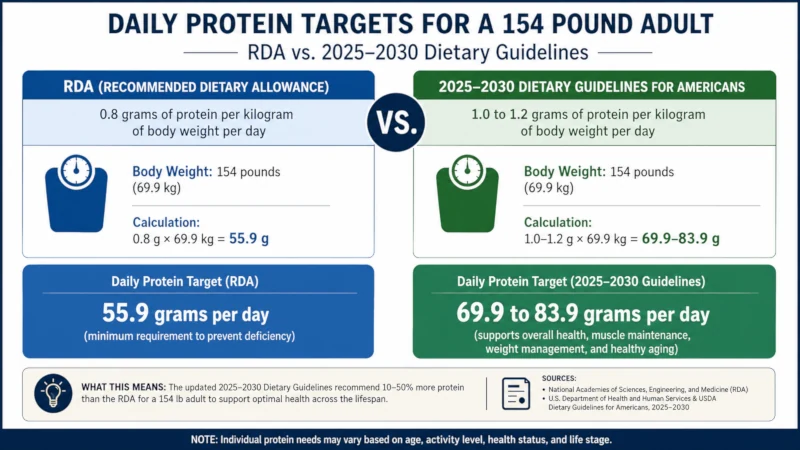 Chart comparing daily protein targets for a 154 pound adult under the RDA and the 2025 to 2030 Dietary Guidelines