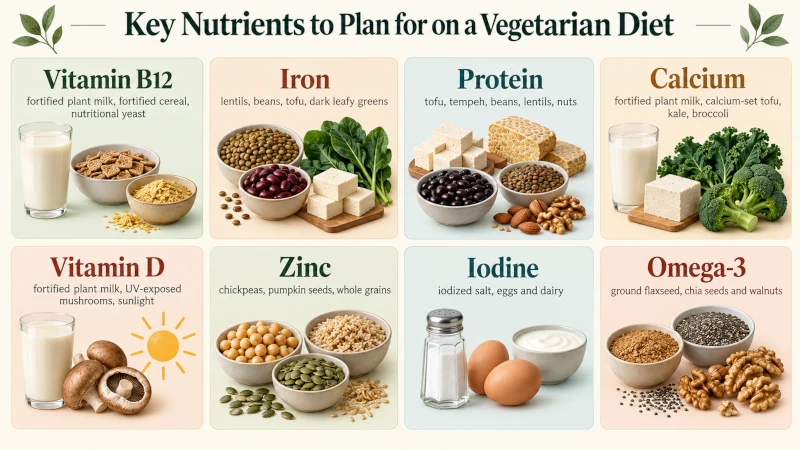 Visual guide to vitamin B12, iron, protein, calcium, vitamin D, zinc, iodine and omega-3 nutrients for vegetarians