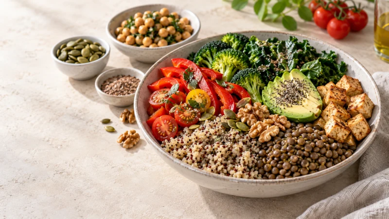 Colorful vegetarian meal with tofu, lentils, whole grains, leafy greens, vegetables, seeds and avocado