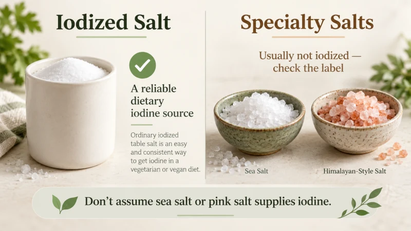 Comparison of iodized table salt with sea salt and Himalayan-style pink salt for vegetarian iodine planning