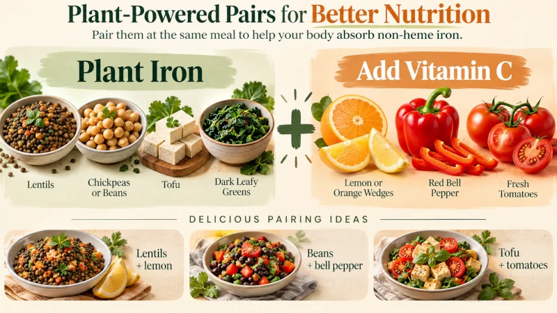 Lentils, beans and tofu paired with citrus, bell peppers and tomatoes as vegetarian iron and vitamin C foods
