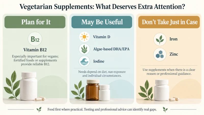 Vegetarian supplement guide for vitamin B12, vitamin D, omega-3, iodine, iron and zinc