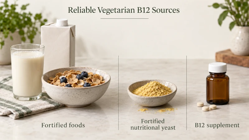 Fortified plant milk, breakfast cereal, nutritional yeast and a vitamin B12 supplement as reliable vegetarian B12 sources