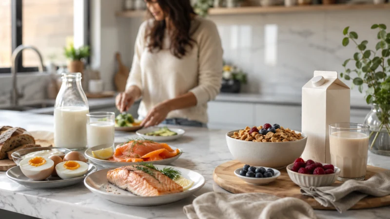 Vitamin B12 food sources including salmon, eggs, yogurt, fortified cereal, and plant milk