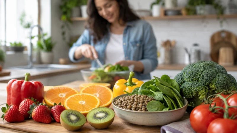 Vitamin C-rich oranges, strawberries, peppers, broccoli, and tomatoes served with lentils and spinach