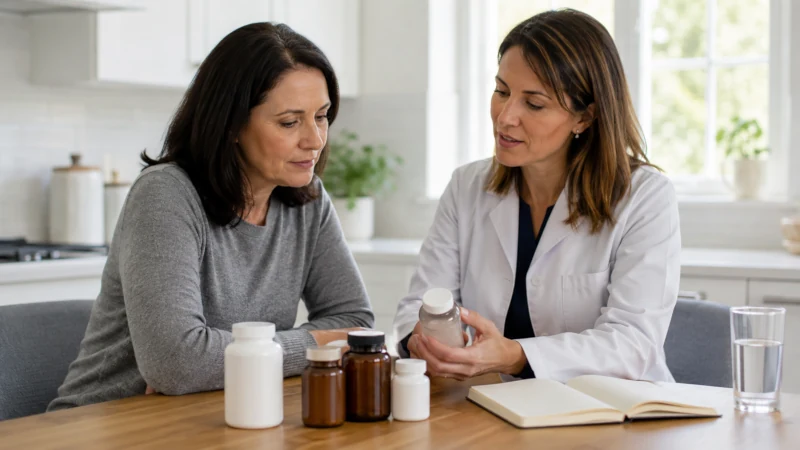 Woman discussing vitamins and supplement safety with a healthcare professional