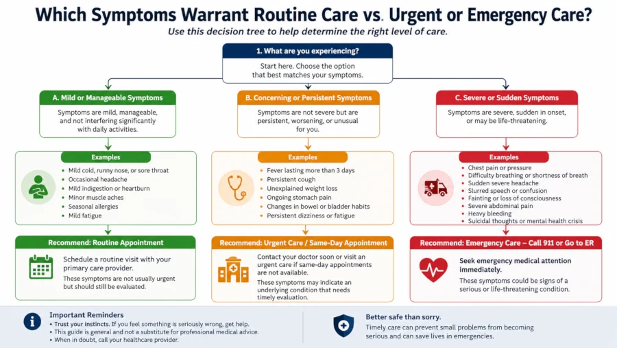 Decision tree showing which symptoms warrant a routine appointment and which need urgent or emergency care