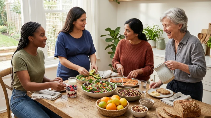 Women's health at different adult life stages sharing a table of nutritious whole foods