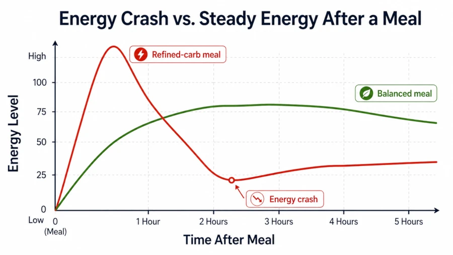 Line graph comparing an energy crash after a refined-carb meal with a steadier curve after a balanced meal.