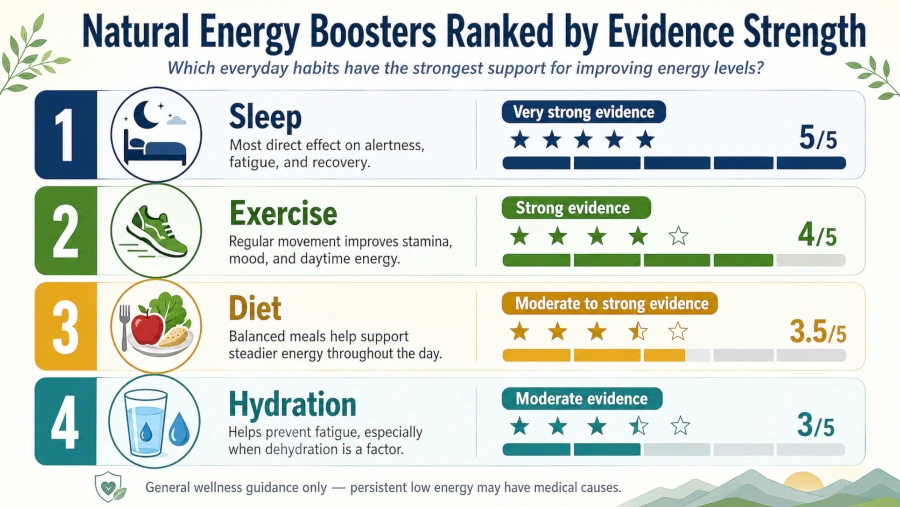 Chart ranking sleep, exercise, hydration and diet by evidence strength to boost your energy levels naturally.