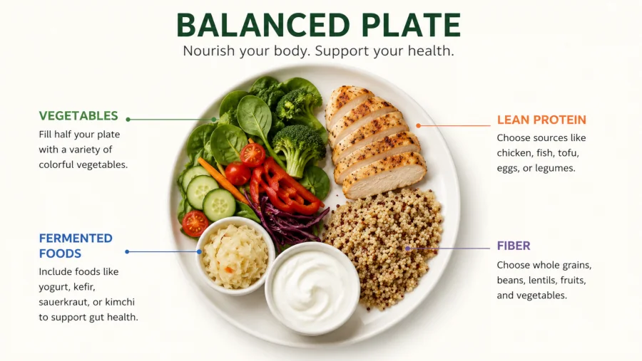 Balanced plate with vegetables, lean protein, fiber, and fermented foods like sauerkraut and yogurt.