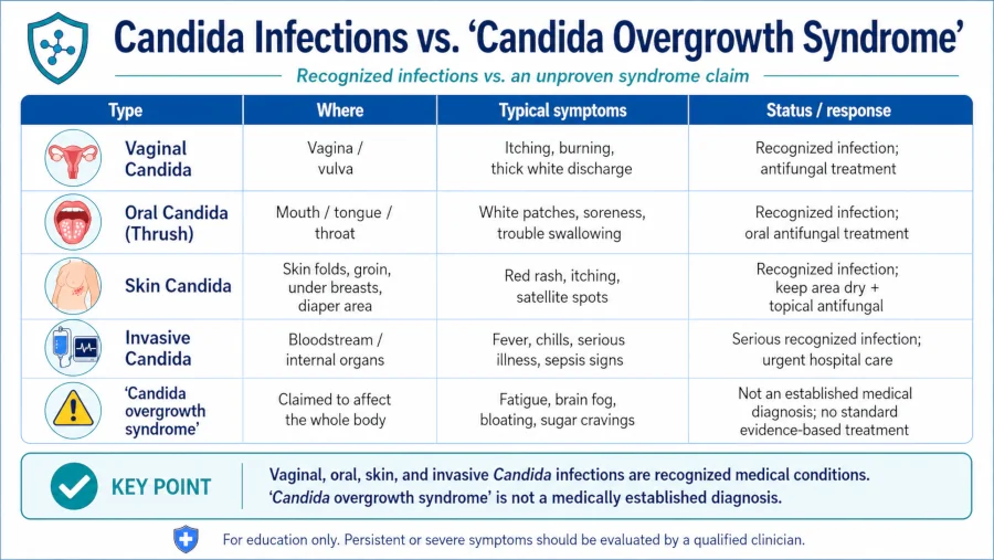 Comparison of vaginal, oral, skin, and invasive candida infections versus the unproven candida overgrowth syndrome.