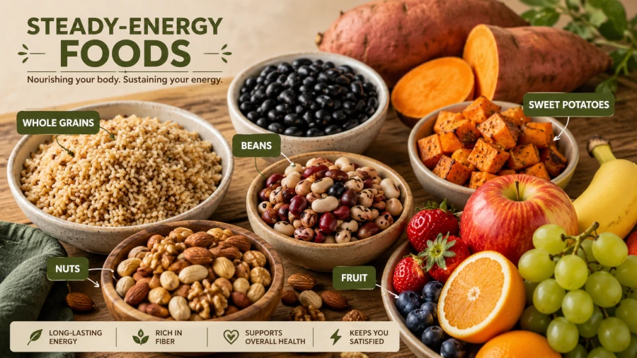 Whole grains, beans, nuts, sweet potatoes and fruit arranged as steady-energy foods.