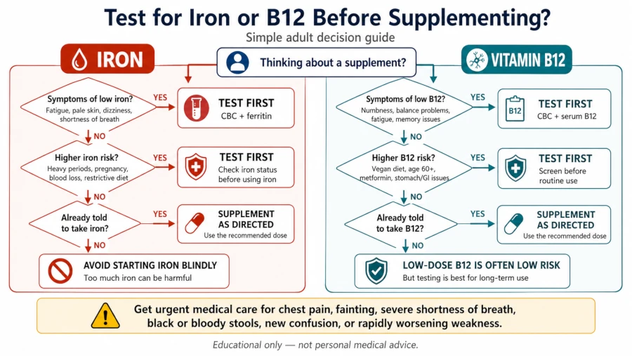 Decision flowchart showing when to test for iron or B12 deficiency before taking a supplement.