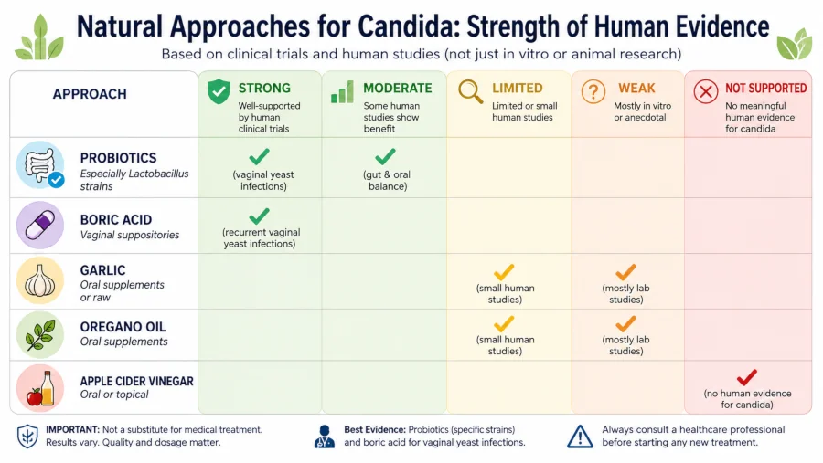 Chart grading probiotics, boric acid, garlic, oregano oil, and apple cider vinegar for candida by strength of human evidence.