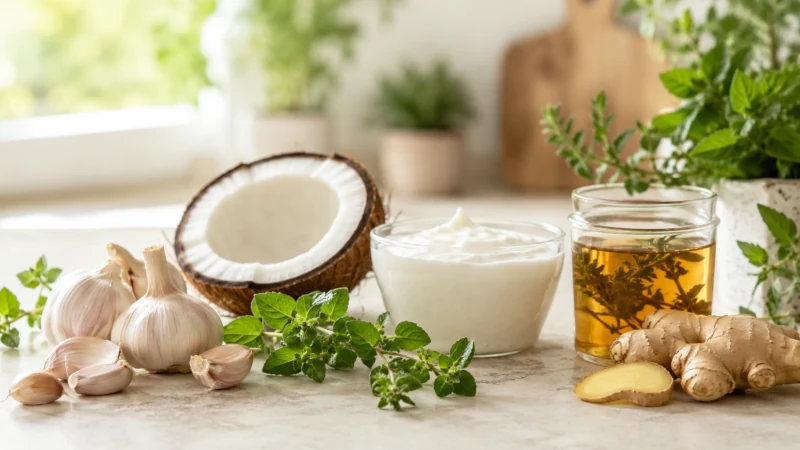 Natural remedies for Candida including garlic, coconut, oregano, ginger, and probiotic foods