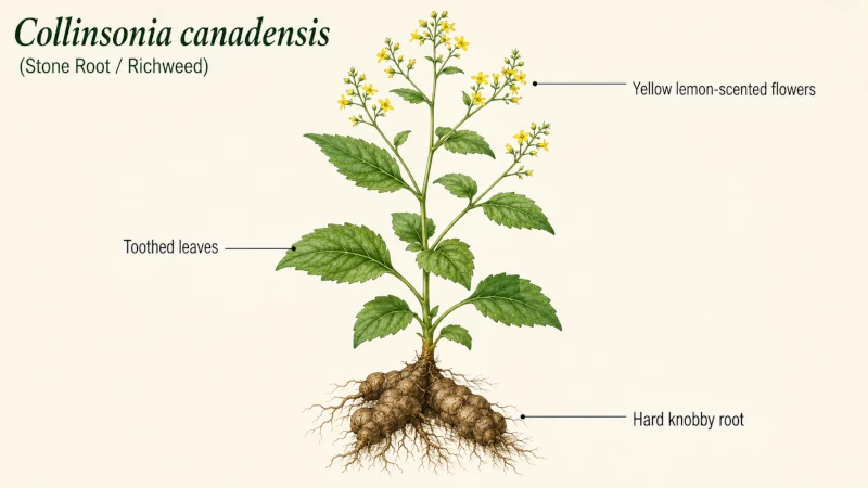 Labeled diagram of Collinsonia canadensis showing toothed leaves, yellow lemon-scented flowers, and the hard knobby root.