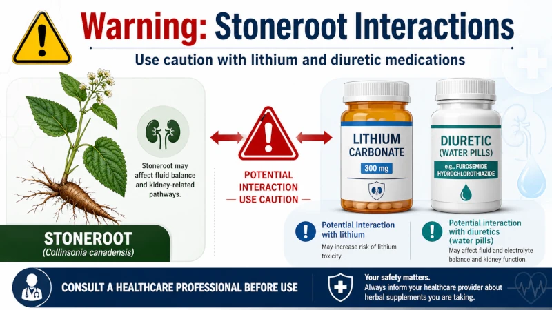 Warning card showing stoneroot interacting with lithium and diuretic medications.