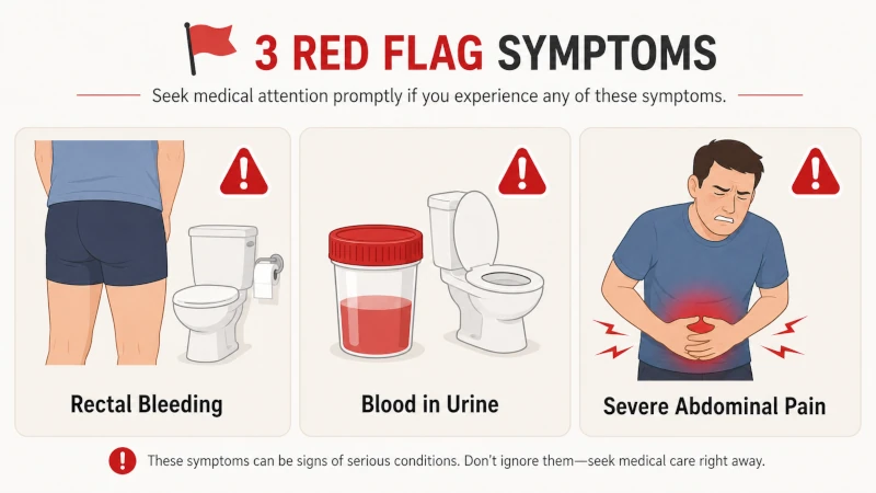 Simple visual of red-flag symptoms such as rectal bleeding, blood in urine, and severe abdominal pain.