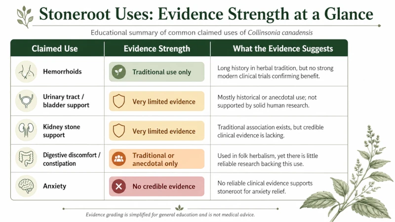 : Table grading stoneroot uses by evidence strength, from traditional-only for hemorrhoids to no-credible-evidence for anxiety.