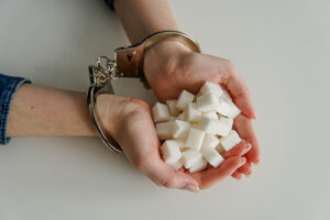 sugar cubes in a mans hands in handcuffs
