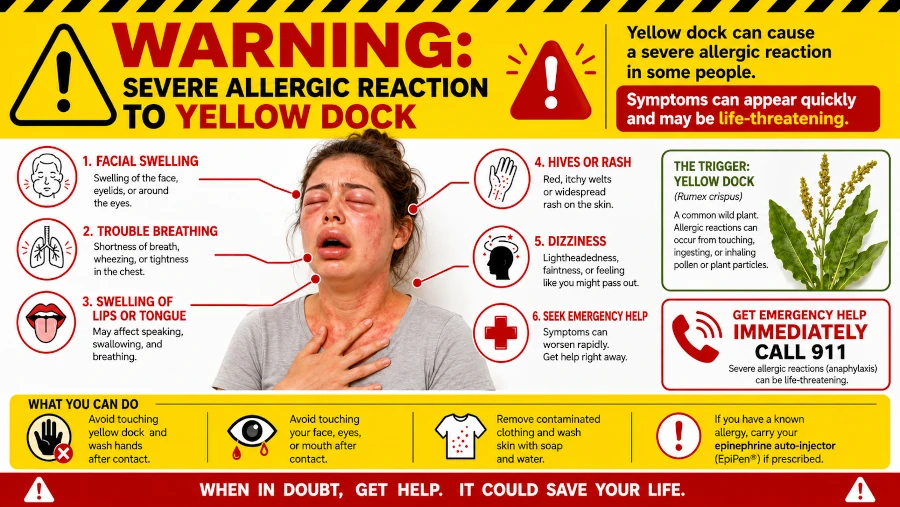 Warning graphic showing signs of a severe allergic reaction to yellow dock, such as facial swelling and trouble breathing.