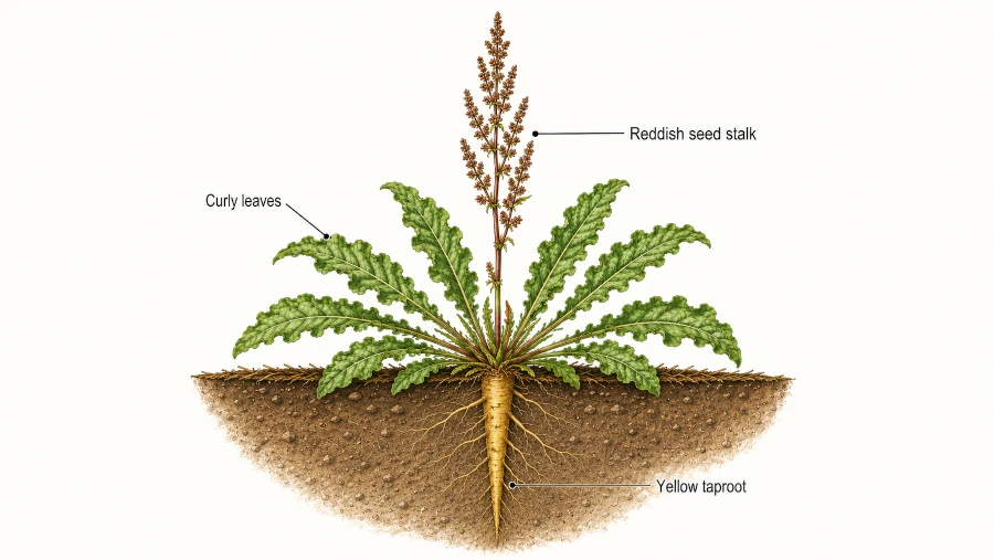 Labeled diagram of yellow dock showing curly leaves, reddish seed stalk, and yellow taproot.