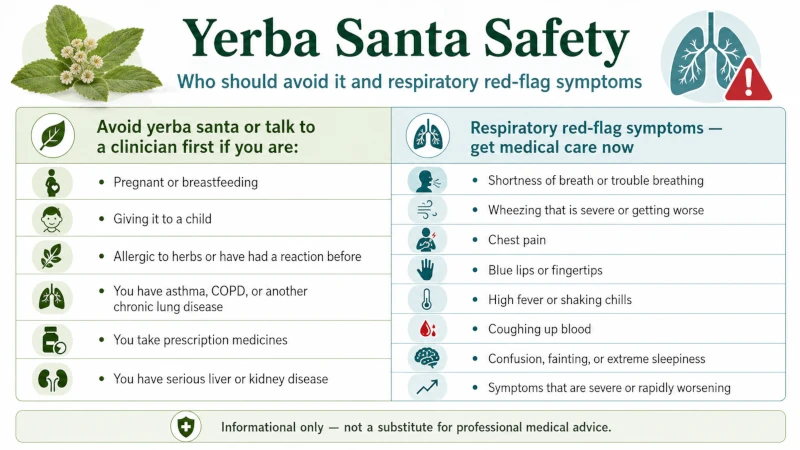 Safety table listing who should avoid yerba santa and respiratory red-flag symptoms.