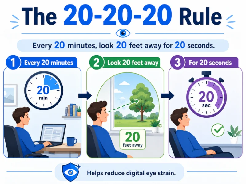 Diagram of the 20-20-20 rule: every 20 minutes, look 20 feet away for 20 seconds, to reduce digital eye strain.