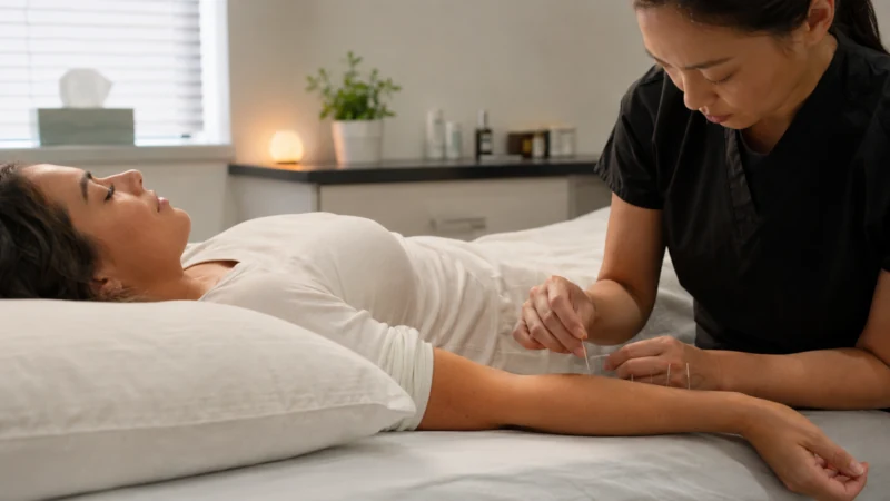Licensed practitioner performing acupuncture on a woman in a clinical treatment room