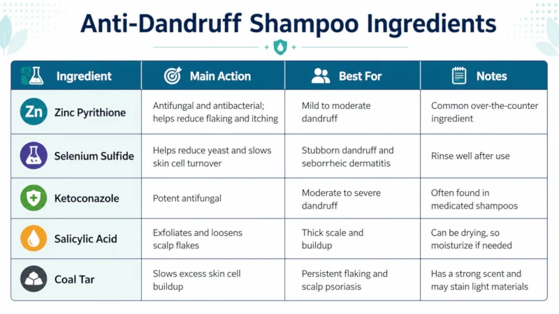 Table of anti-dandruff shampoo ingredients including zinc pyrithione, selenium sulfide and ketoconazole.