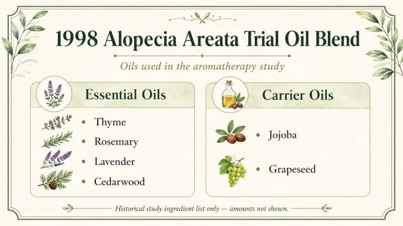 Recipe card listing the four essential oils and two carrier oils used in the 1998 alopecia areata trial.