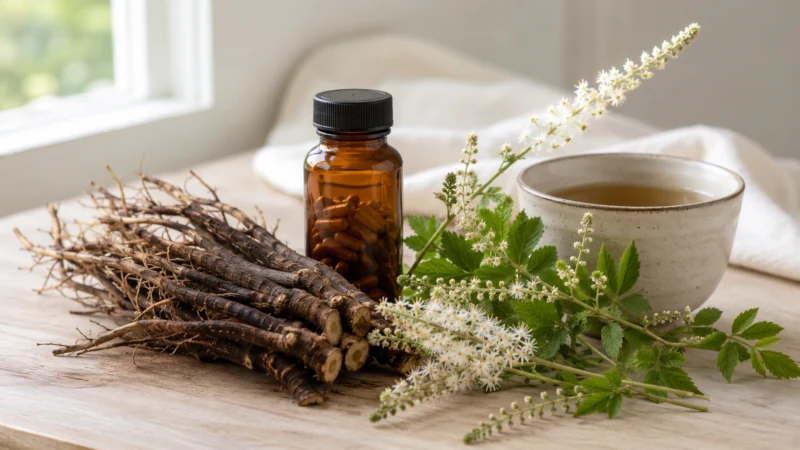 Black cohosh root, flowers, herbal tea and an unbranded supplement bottle
