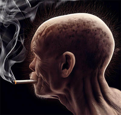 person with alopecia smoking a cigarette