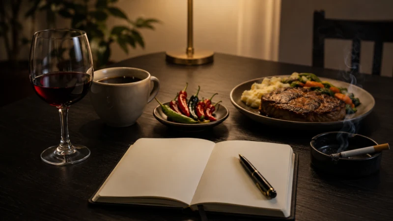Wine, coffee, spicy food and a symptom diary representing possible night sweat triggers