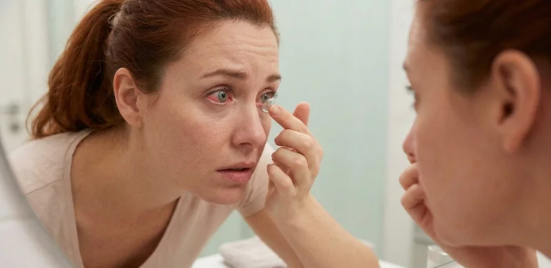 Contact lens wearer removing lenses after eye redness with warning signs that need same-day eye care.