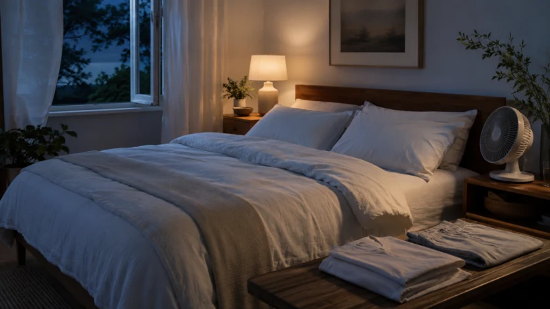 Cool bedroom with breathable bedding, an open window and a bedside fan