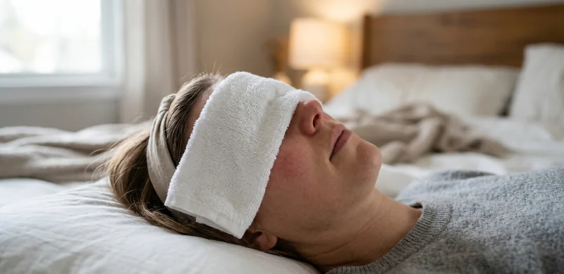 Clean cool washcloth placed over closed eyes for mild redness and irritation.