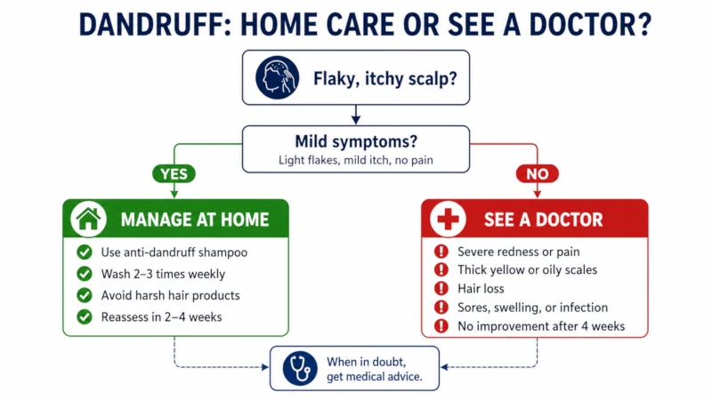 Flowchart showing when to manage dandruff at home and when to seek medical care.